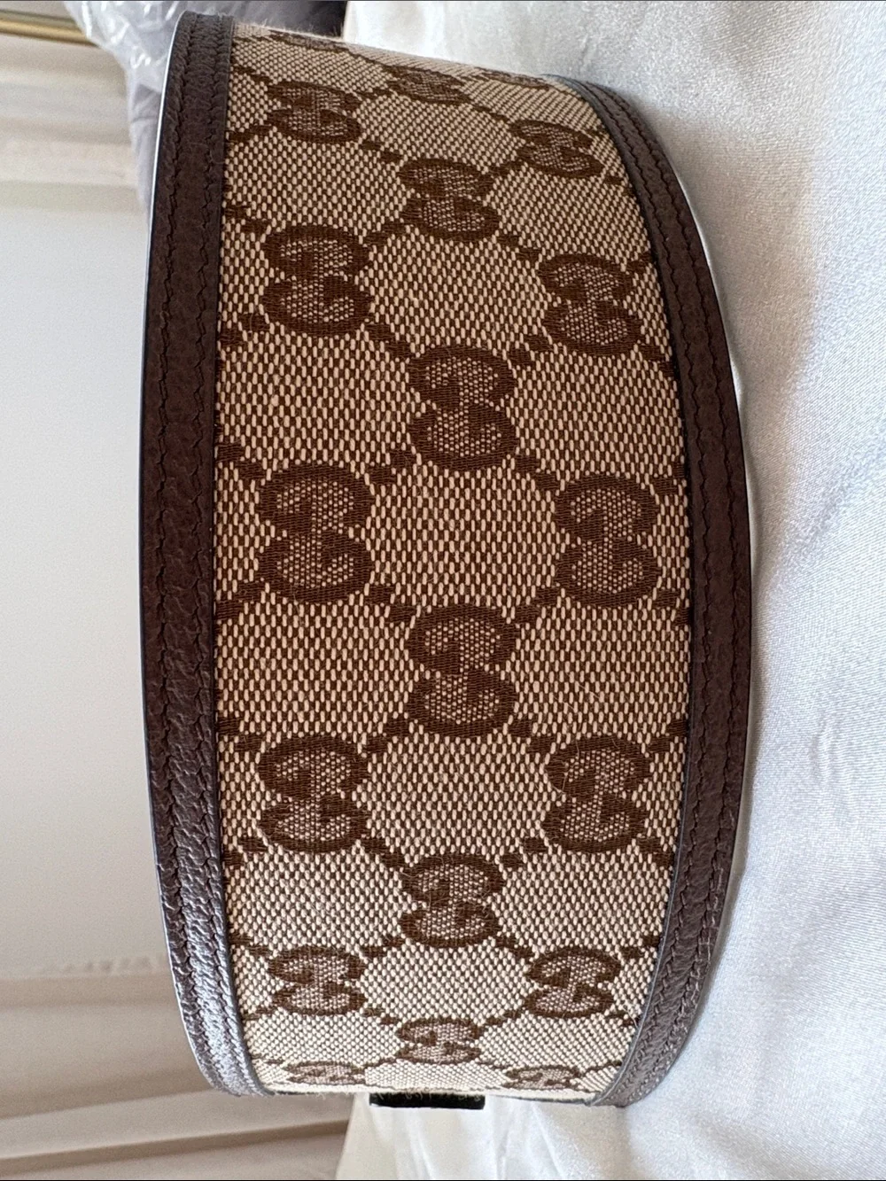 NEW Gucci Brown Canvas & Leather Belt with Gold Double G Ring Buckle